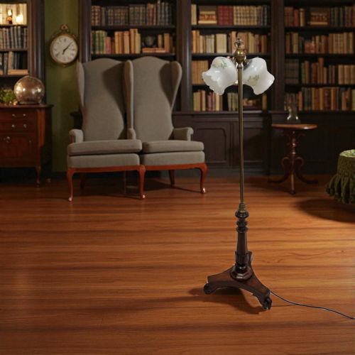 VINTAGE MAHOGANY BRASS FLOOR LAMP WITH TRIPLE GLASS SHADES C1930S - ADDITIONAL PHOTO 1