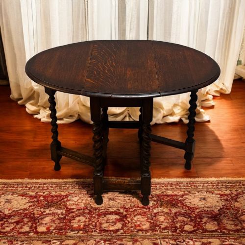 ANTIQUE ENGLISH OAK DROP LEAF TABLE BARLEY TWIST LEGS OVAL TOP C1920 - ADDITIONAL PHOTO 5