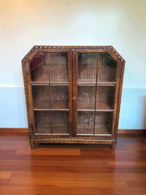 antique solid oak glazed bookcase display cabinet c1930 - CATEGORY: ANTIQUE BOOKCASES - DATED 1930