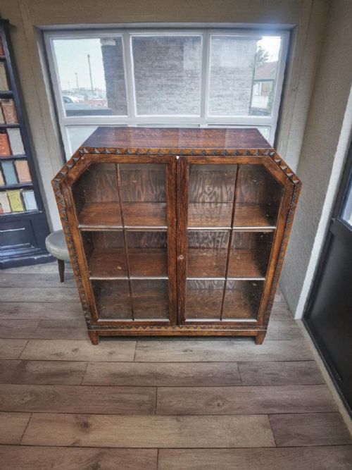 ANTIQUE SOLID OAK GLAZED BOOKCASE DISPLAY CABINET C1930 - ADDITIONAL PHOTO 4