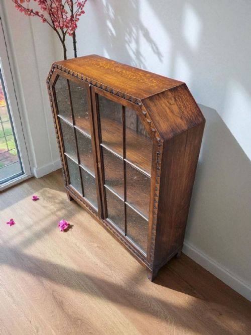 ANTIQUE SOLID OAK GLAZED BOOKCASE DISPLAY CABINET C1930 - ADDITIONAL PHOTO 7