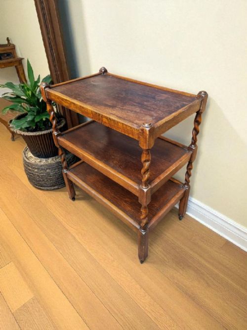 ANTIQUE OAK 3TIER BARLEY TWIST TROLLEY C1930 - ADDITIONAL PHOTO 1