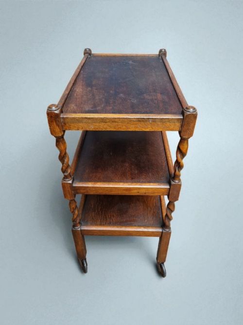 ANTIQUE OAK 3TIER BARLEY TWIST TROLLEY C1930 - ADDITIONAL PHOTO 3