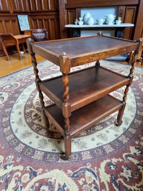 ANTIQUE OAK 3TIER BARLEY TWIST TROLLEY C1930 - ADDITIONAL PHOTO 6