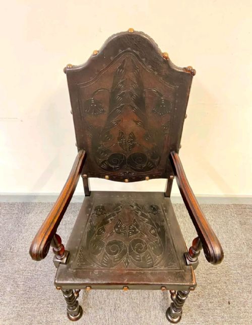 ANTIQUE CARVED OAK THRONE CHAIR LEATHER PANEL DETAILING C1900S - ADDITIONAL PHOTO 3