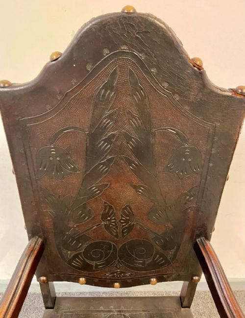 ANTIQUE CARVED OAK THRONE CHAIR LEATHER PANEL DETAILING C1900S - ADDITIONAL PHOTO 5
