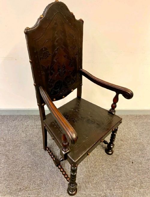 ANTIQUE CARVED OAK THRONE CHAIR LEATHER PANEL DETAILING C1900S - ADDITIONAL PHOTO 7