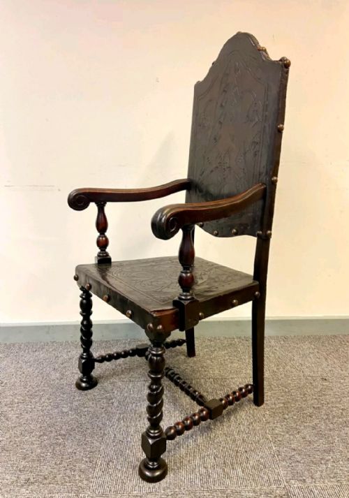 ANTIQUE CARVED OAK THRONE CHAIR LEATHER PANEL DETAILING C1900S - ADDITIONAL PHOTO 8