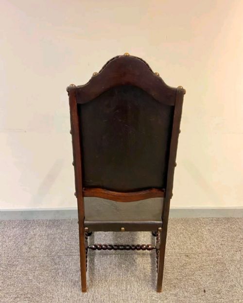 ANTIQUE CARVED OAK THRONE CHAIR LEATHER PANEL DETAILING C1900S - ADDITIONAL PHOTO 9