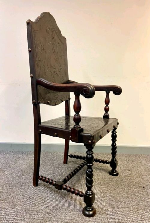 ANTIQUE CARVED OAK THRONE CHAIR LEATHER PANEL DETAILING C1900S - ADDITIONAL PHOTO 10