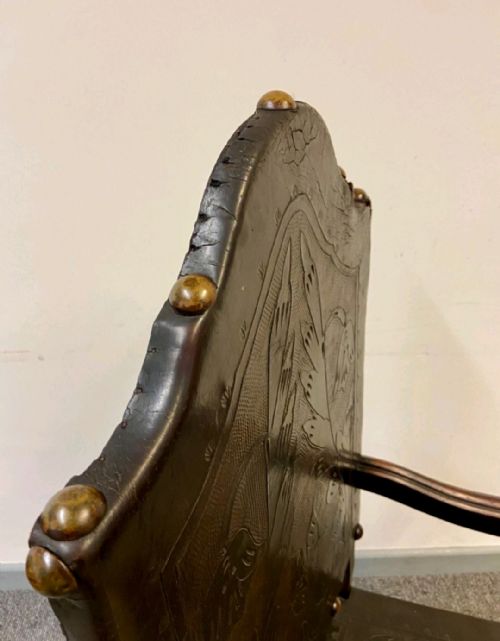 ANTIQUE CARVED OAK THRONE CHAIR LEATHER PANEL DETAILING C1900S - ADDITIONAL PHOTO 11