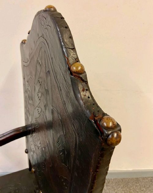 ANTIQUE CARVED OAK THRONE CHAIR LEATHER PANEL DETAILING C1900S - ADDITIONAL PHOTO 12