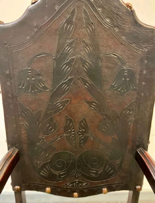 ANTIQUE CARVED OAK THRONE CHAIR LEATHER PANEL DETAILING C1900S - ADDITIONAL PHOTO 13