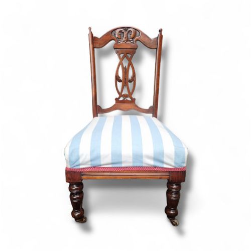ANTIQUE EDWARDIAN MAHOGANY CHAIR REUPHOLSTERED IN COASTAL STRIPE FABRIC C19001910 - ADDITIONAL PHOTO 2