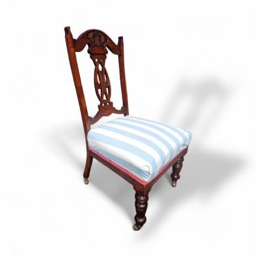 ANTIQUE EDWARDIAN MAHOGANY CHAIR REUPHOLSTERED IN COASTAL STRIPE FABRIC C19001910 - ADDITIONAL PHOTO 9