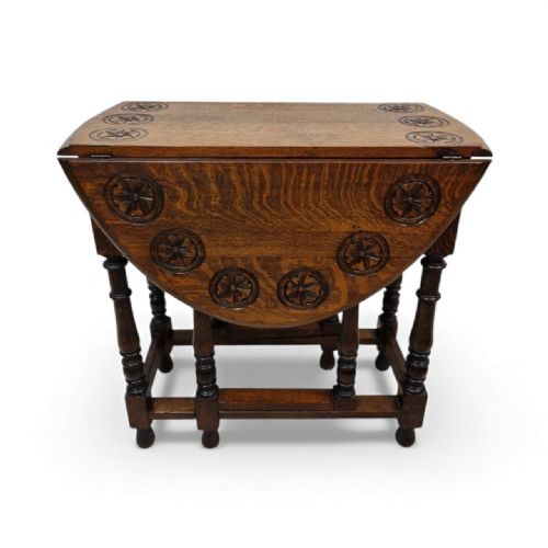 ANTIQUE CARVED OAK GATELEG DROPLEAF TABLE C1930 - ADDITIONAL PHOTO 1