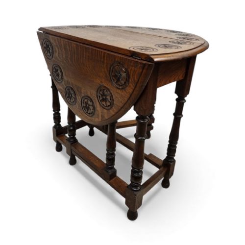 ANTIQUE CARVED OAK GATELEG DROPLEAF TABLE C1930 - ADDITIONAL PHOTO 4