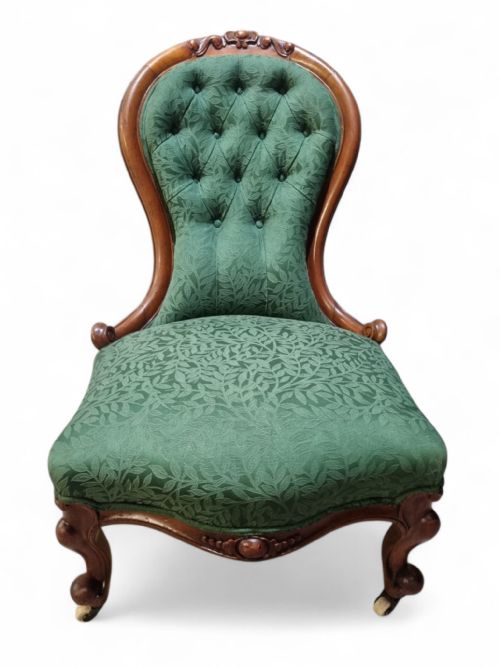 ANTIQUE VICTORIAN BUTTONBACK NURSING CHAIR C1880 GREEN UPHOLSTERY - ADDITIONAL PHOTO 1