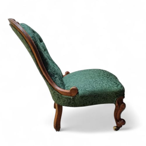 ANTIQUE VICTORIAN BUTTONBACK NURSING CHAIR C1880 GREEN UPHOLSTERY - ADDITIONAL PHOTO 2