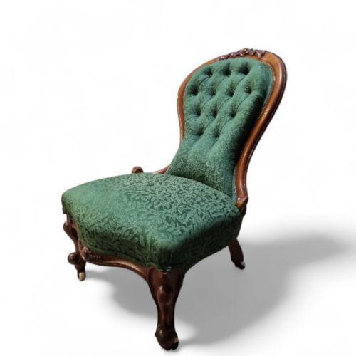 ANTIQUE VICTORIAN BUTTONBACK NURSING CHAIR C1880 GREEN UPHOLSTERY - ADDITIONAL PHOTO 5