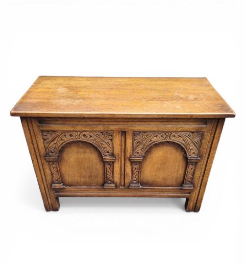 ANTIQUE OAK BLANKET CHEST CARVED PANEL FRONT C1930S - ADDITIONAL PHOTO 9