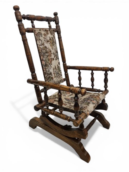 ANTIQUE CHILDREN ROCKING CHAIR SOLID WOOD TAPESTRY UPHOLSTERY C1920