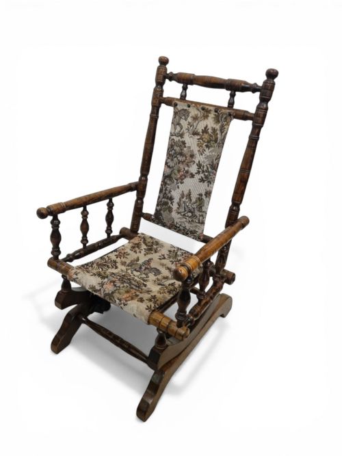 ANTIQUE CHILDREN ROCKING CHAIR SOLID WOOD TAPESTRY UPHOLSTERY C1920 - ADDITIONAL PHOTO 5