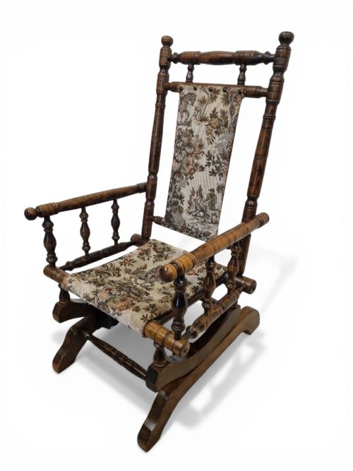 ANTIQUE CHILDREN ROCKING CHAIR SOLID WOOD TAPESTRY UPHOLSTERY C1920 - ADDITIONAL PHOTO 9