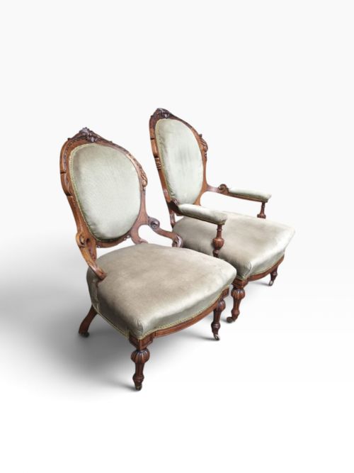 Antique Victorian His & Hers Walnut Armchairs Pair   C.1880