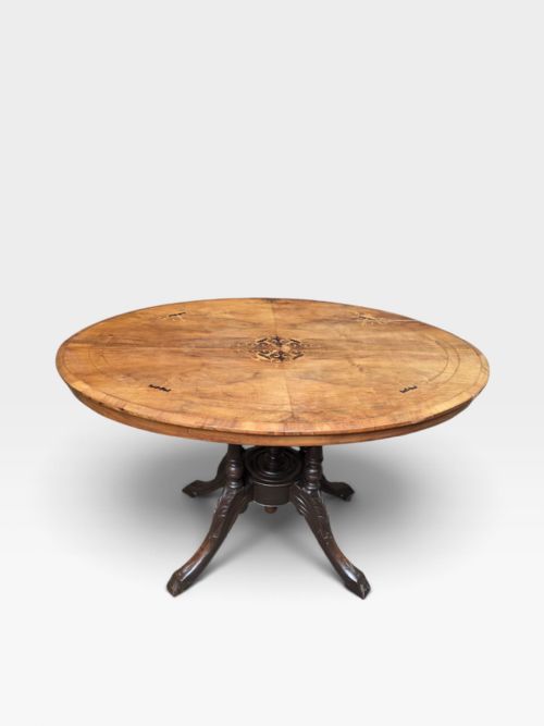 Antique Victorian Marquetry Inlaid Tilt Top Centre Table / C.1870