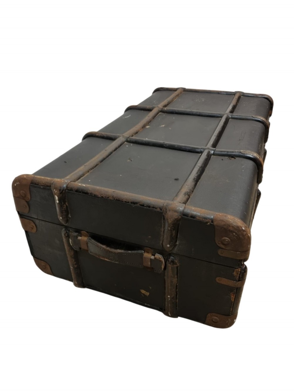 A rectangular black travel trunk featuring dark wooden reinforcement bands, brass latches, and reinforced metal corner caps. View X