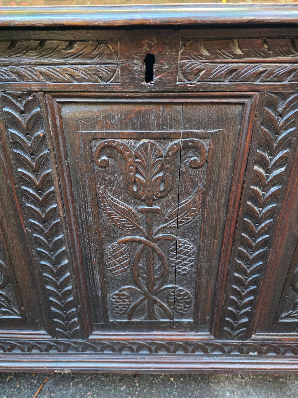 A dark Georgian oak coffer featuring three detailed relief-carved front panels with floral motifs and carved stiles on short square feet. View VIII