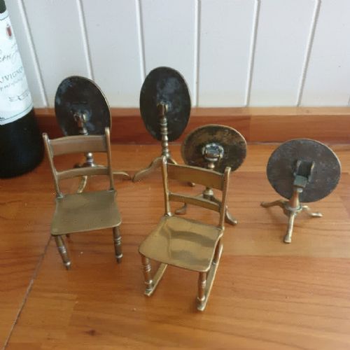 fig 1. ANTIQUE MINATURE GROUP OF BRASS
TRIPOD TABLES AND CHAIRS SIX IN TOTAL