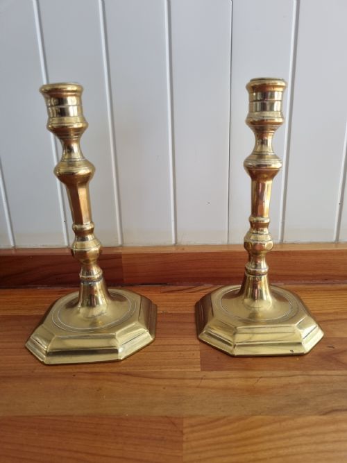 Pair of Georgian Brass Candlesticks with Octagonal Bases
