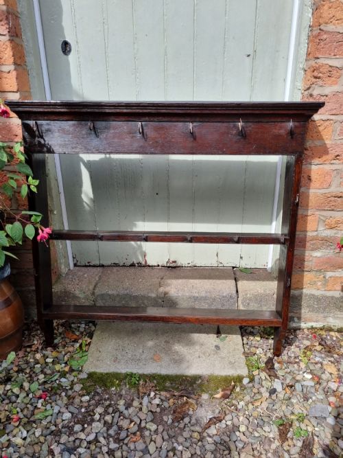 A Wall Hanging 18thc Oak Plate/delft Rack with Original Iron Cup Hooks