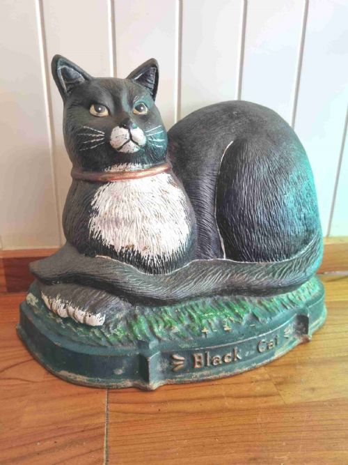 Vintage Painted Black Cat Cast Iron Door Stop