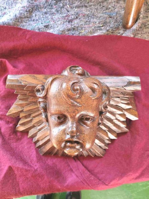 Antique 19thc Oak Carved Cherub Head Wall Bracket.