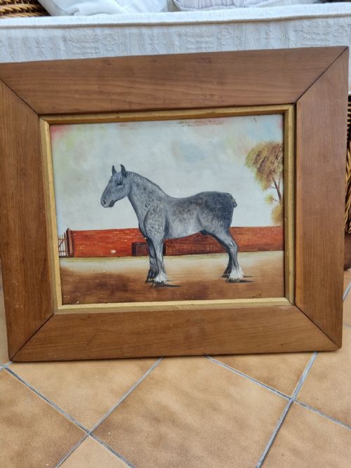 A Early 20thc Naive Signed Oil on Board of a Percheron Grey .
