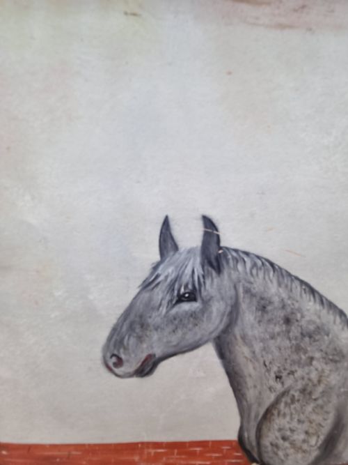 fig 1. A EARLY 20THC NAIVE SIGNED OIL ON BOARD OF A PERCHERON GREY .