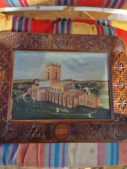 Tramp Art Welsh Oak Framed Naive Oil on Canvas of St David,s Wales