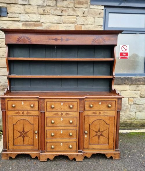 Unique 19th Century Anglesey Oak and Mahogany Decorated Welsh Dresser