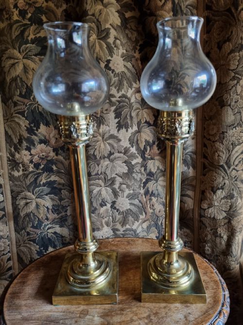 Pr of Unusual 19thc Brass Candlesticks with Glass Globes