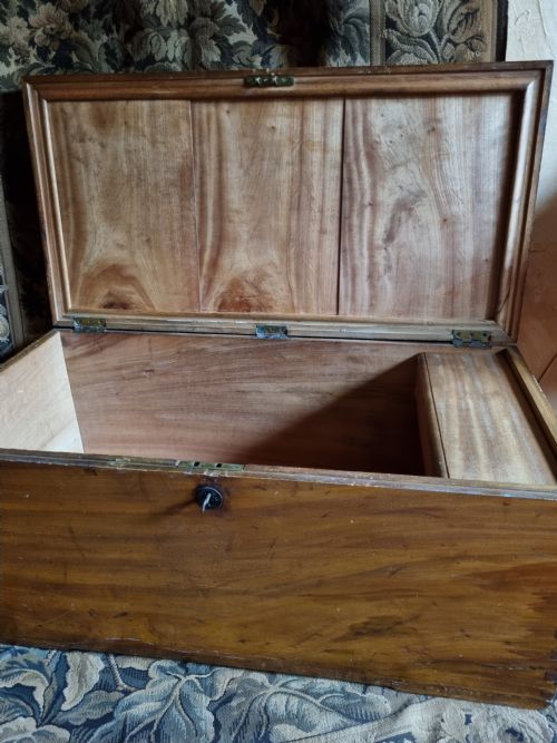 fig 1. 19TH C CAMPHORWOOD MILITARY TRUNK WITH CANDLEBOX