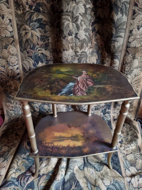 Super Antique Vernis Martin Gilt Wood 2 Tier Table/whatnot