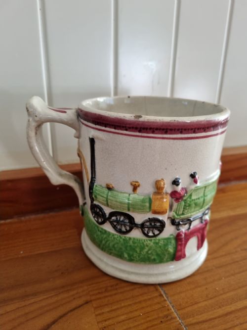 A Rare Primitive Mid 19thc Pottery Mug of the "Rocket" Railwayania