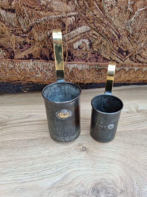 2 19thc Metal and Brass Milk Scoops 1 Pint and Half Pint