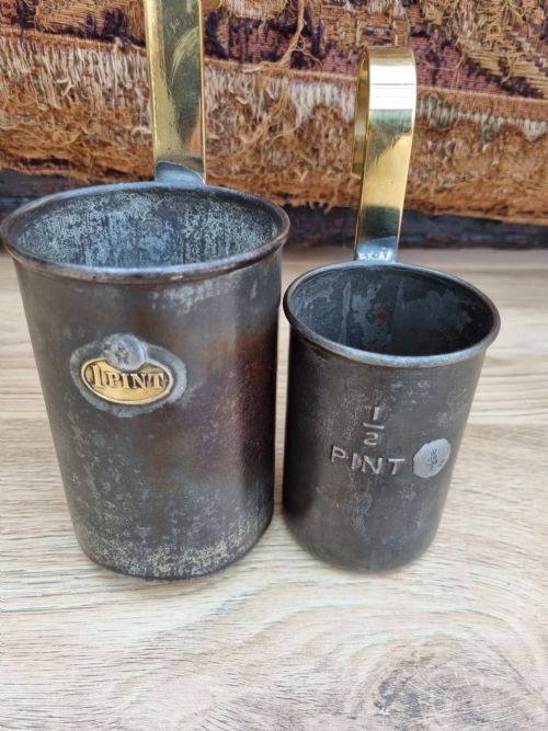 fig 1. 2 19THC METAL AND BRASS MILK SCOOPS 1 PINT AND HALF PINT