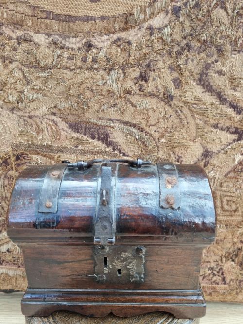 A Rare 17thc Walnut and Metal Dome Topped Small Strong Box