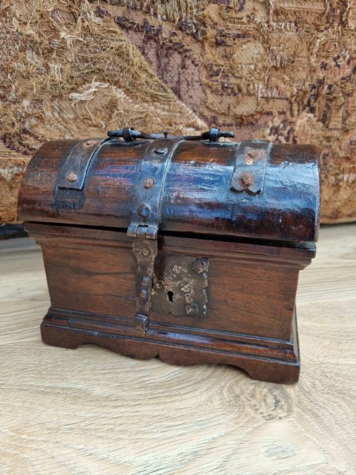 fig 1. A RARE 17THC WALNUT AND METAL DOME TOPPED SMALL STRONG BOX