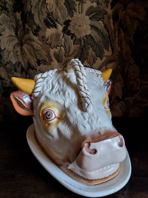A Large Antique Pottery Cow,s Head Tongue Dish and Cover